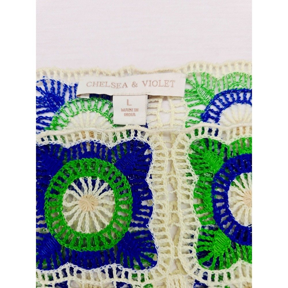 Chelsea & Violet Bonnie Granny Square Crochet Top Blue Green Long Sleeve Sz L - Picture 5 of 7